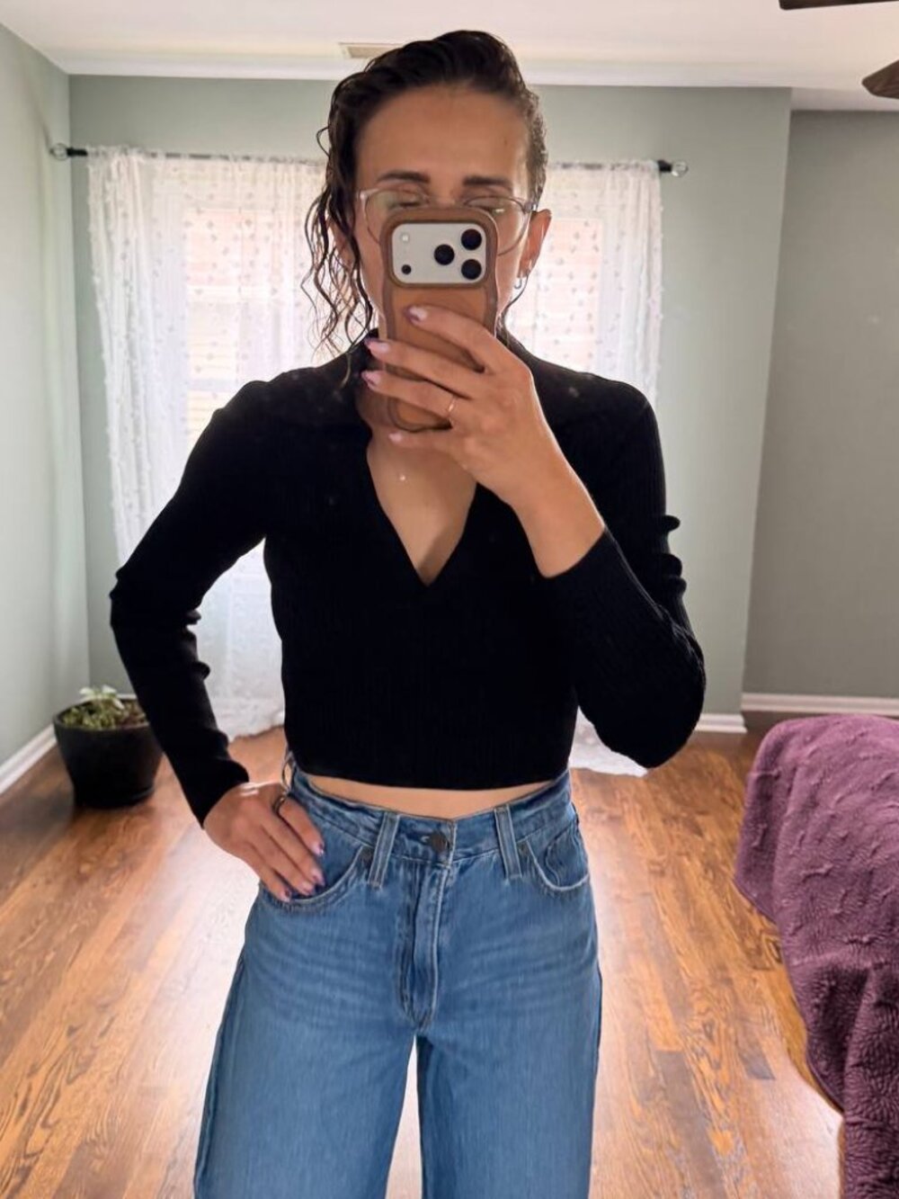 Babaton Black Ribbed Polo Cropped Long Sleeve Sweater